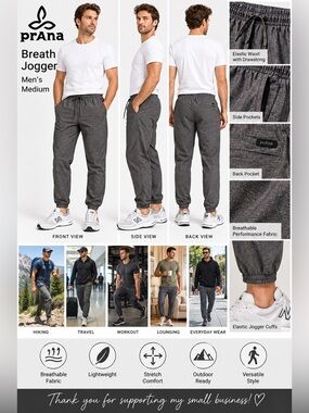 prAna Breath Jogger Pants Men’s Medium Gray Stretch Drawstring Active Outdoor